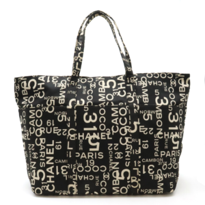 CHANEL Chanel Bicyline Logo Tote Bag Large Tote Shoulder Bag Plastic Chain Canvas Black Ivory