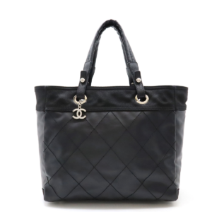CHANEL Chanel Paris Biarritz Tote MM Tote Bag Handbag Coated Canvas Black Black Silver Hardware A34209