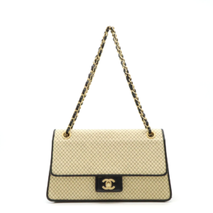 CHANEL Chanel Microquilted Cocomark Chain Shoulder Shoulder Bag Cotton Jersey Enamel Beige Black