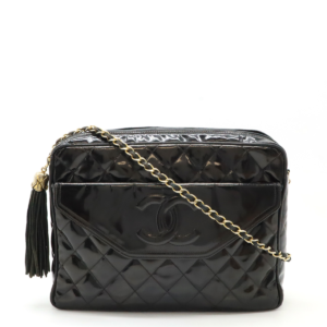 CHANEL Chanel Matrasse Cocomark Chain Shoulder Shoulder Bag Fringe Patent Leather Enamel Black Black Gold Hardware