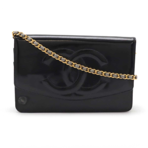 CHANEL Chanel Cocomark Chain Wallet Shoulder Bag Pochette Enamel Patent Leather Black Black Gold Hardware