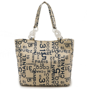 CHANEL CHANEL VICELINE LOGO TOTE BAG LARGE TOTE PLASTIC CHAIN CANVAS IVORY BLUE WITH PORCH A18303
