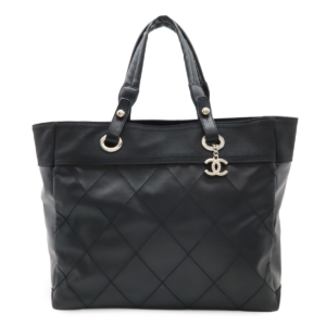 CHANEL Chanel Paris Biarritz Tote MM Tote Bag Handbag Coated Canvas Black Black Silver Hardware A34209