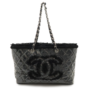 CHANEL Chanel Cocomark Patent Toilet Funny Tweed Chain Tote Bag Shoulder Bag Vinyl Black Black Silver Hardware A47156