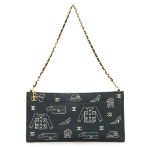 CHANEL Chanel Icon Print Chain Shoulder Shoulder Bag Canvas Leather Black Black Gold Hardware