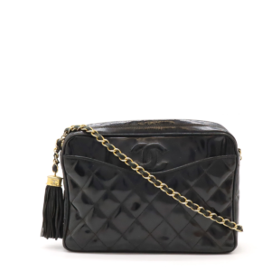 CHANEL Chanel Matrasse Cocomark Chain Shoulder Shoulder Bag Fringe Patent Leather Enamel Black Black Gold Hardware